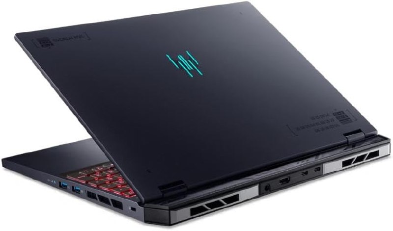 Notebook Gamer Acer Predator Helios Neo na cor preta, visto de ângulo traseiro com tampa aberta, exibindo o logotipo Predator iluminado em ciano e teclado com iluminação vermelha.