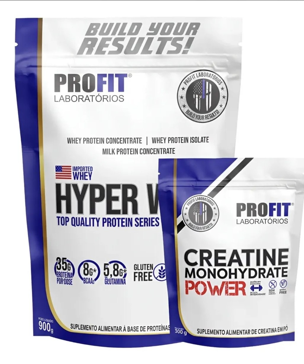 Kit de suplementos da Profit Laboratórios contendo um pacote de Hyper Whey Protein de 900g e um pacote de Creatina Monohydrate Power de 300g em fundo branco.