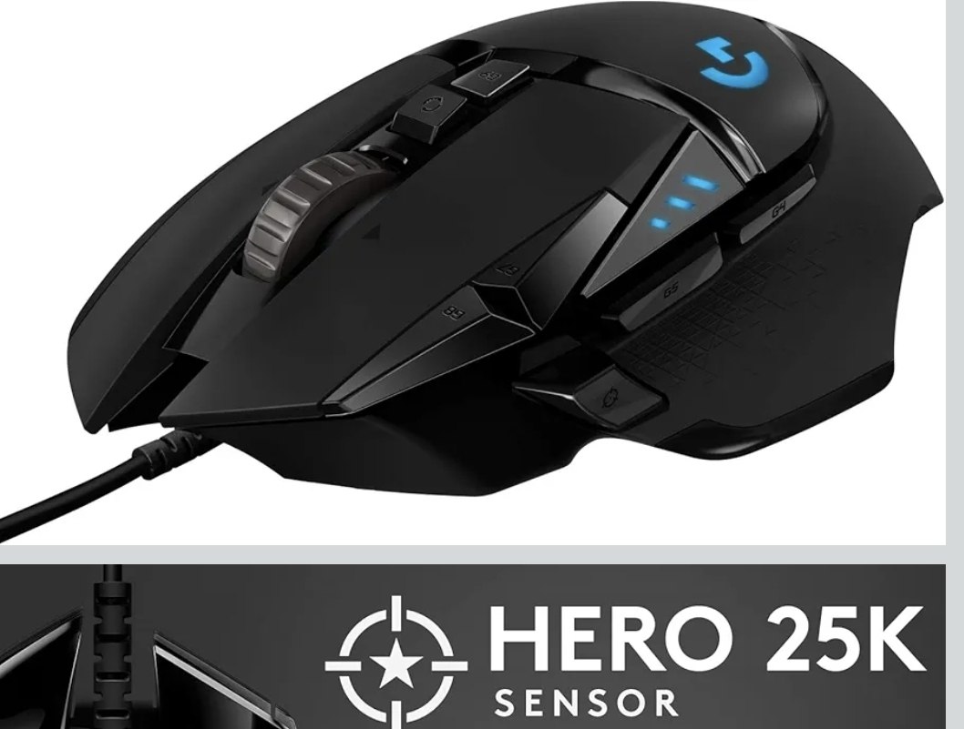 Mouse gamer Logitech G502 HERO na cor preta com iluminação RGB azul, exibindo botões laterais e sensor HERO 25K