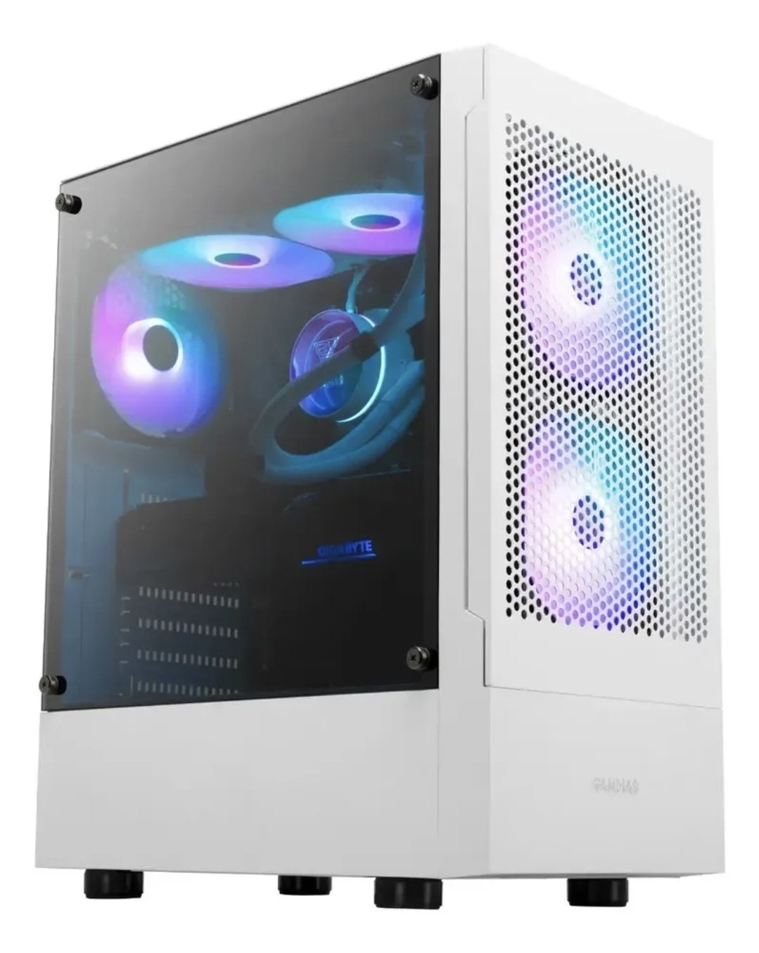 Gabinete gamer Gamdias Talos E3 Mesh na cor branca com painel lateral de vidro temperado e ventoinhas RGB visíveis no interior