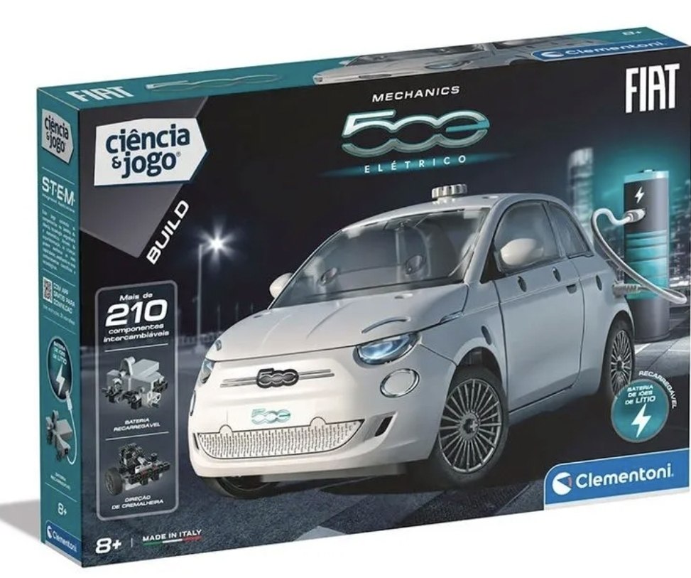 Caixa do brinquedo de montar Clementoni Mechanics Fiat 500 Elétrico com imagem do carro montado e detalhes dos componentes