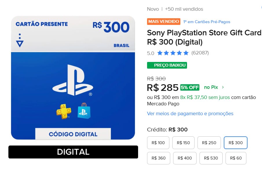 Cartão presente digital da PlayStation Store no valor de R$ 300 com fundo azul e logotipos da marca