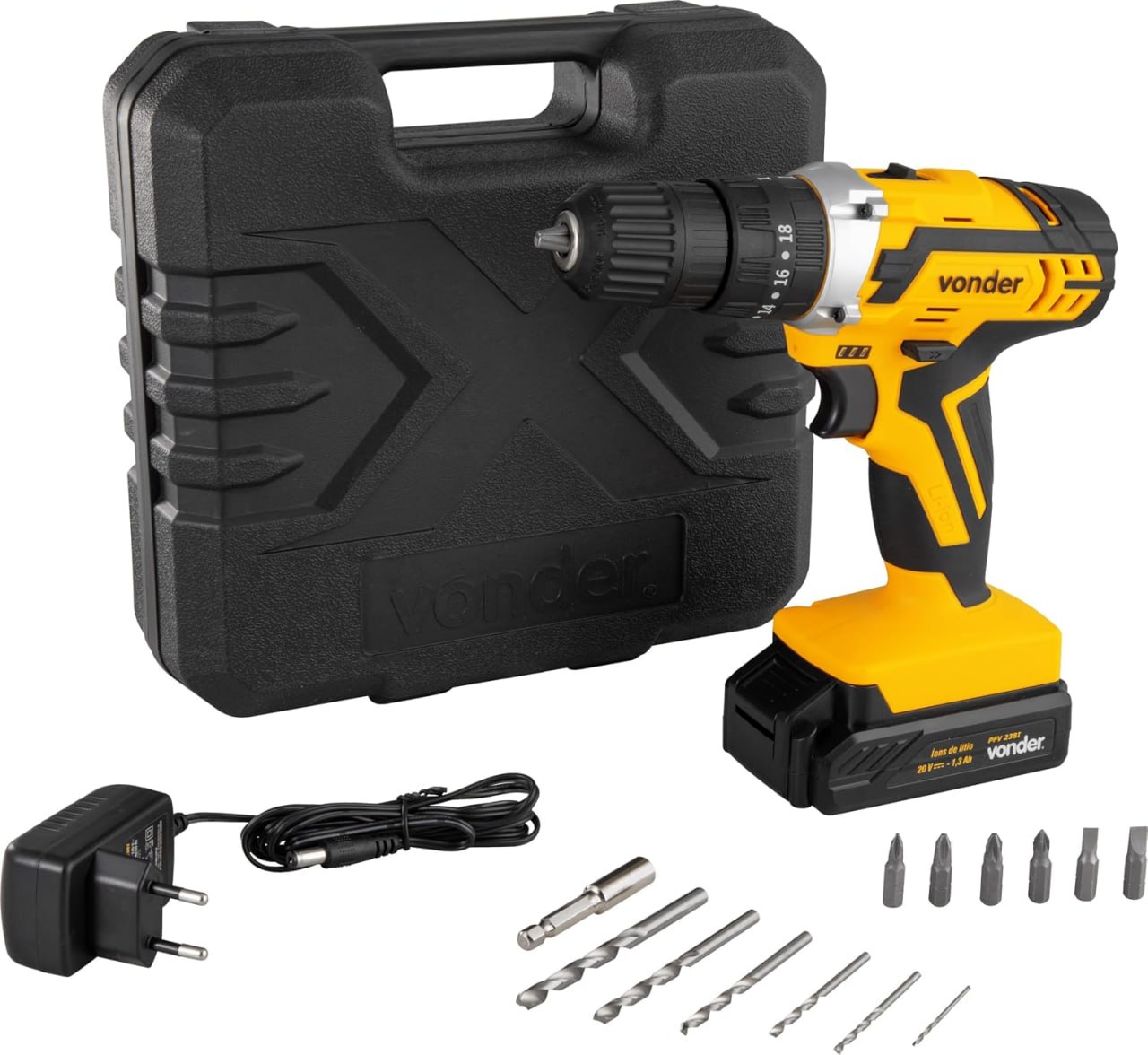 Parafusadeira e Furadeira de Impacto Vonder PFV 238I amarela e preta, acompanhada de maleta, carregador, brocas e bits.