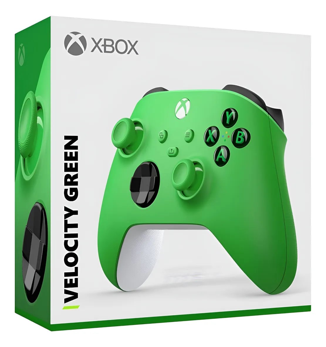Controle sem fio Microsoft Xbox na cor verde Velocity Green em frente à sua embalagem original