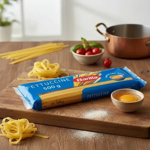 Pacote de massa Barilla Fettuccine 500g sobre uma tábua de madeira, acompanhado de um ovo em uma tigela, tomates cereja e manjericão.