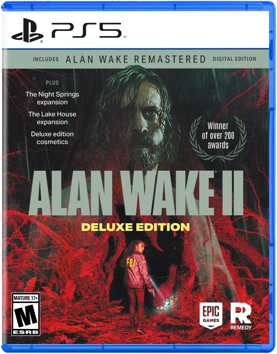 Capa do jogo Alan Wake 2 Deluxe Edition para PlayStation 5 com arte destacando os protagonistas e informacoes sobre as expansoes inclusas