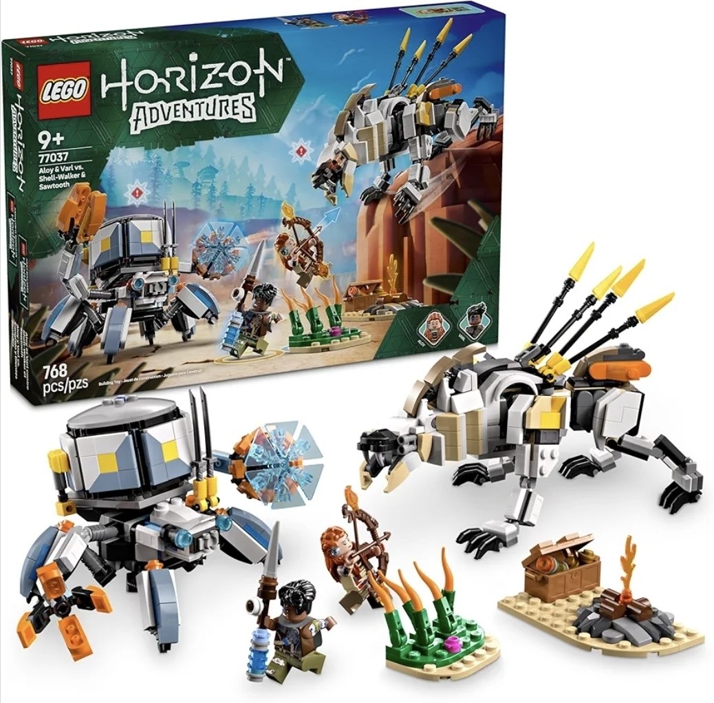 Caixa do conjunto LEGO Horizon Adventures 77037 exibindo as figuras montadas de Aloy, Varl, Shell-Walker e Sawtooth, além de acessórios de cenário.