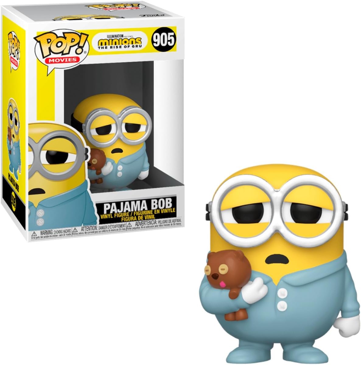Boneco Funko POP! do personagem Bob de Pijama segurando um ursinho de pelúcia, exibido ao lado de sua caixa original da linha Minions 2.