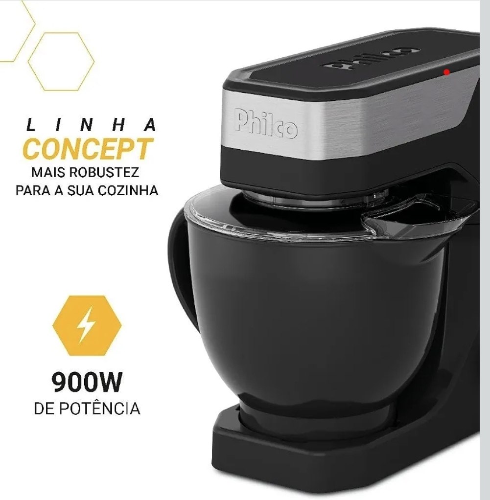 Batedeira planetária Philco preta da linha Concept com tigela de 5 litros e indicação de 900W de potência