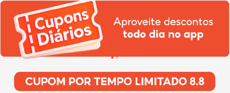 Banner promocional laranja com a frase Cupons Diários e o texto informativo sobre descontos no aplicativo e a campanha 8.8