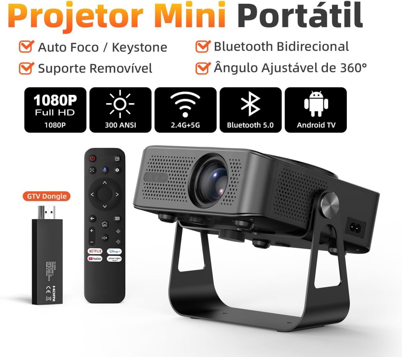 Projetor portátil preto com suporte ajustável 360 graus, controle remoto e GTV Dongle ao lado, exibindo ícones de especificações como 1080p, 300 ANSI, Wi-Fi e Bluetooth.