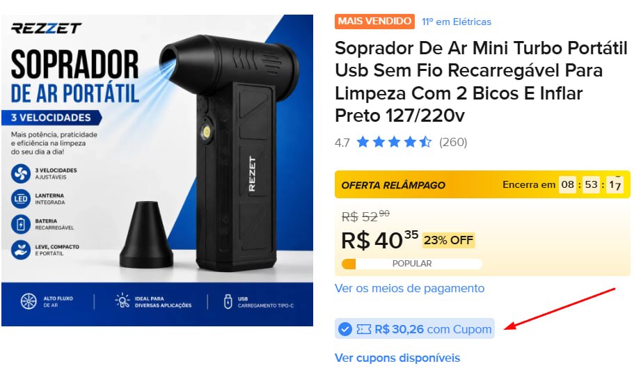 Soprador De Ar Mini Turbo Portatil Usb Sem Fio Recarregavel Para Limpeza Com 2 Bicos E Inflar 127/220v