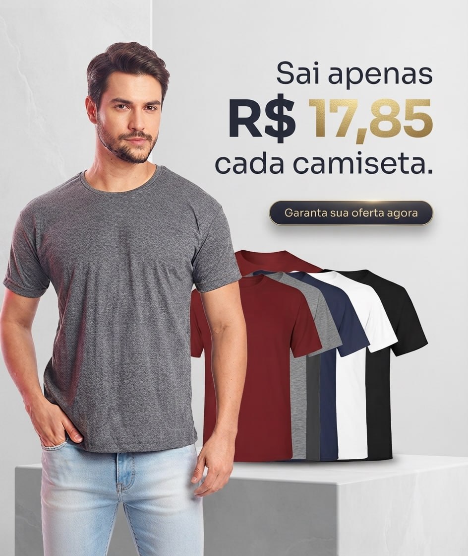 Camiseta masculina de malha cinza com modelo masculino de braços cruzados