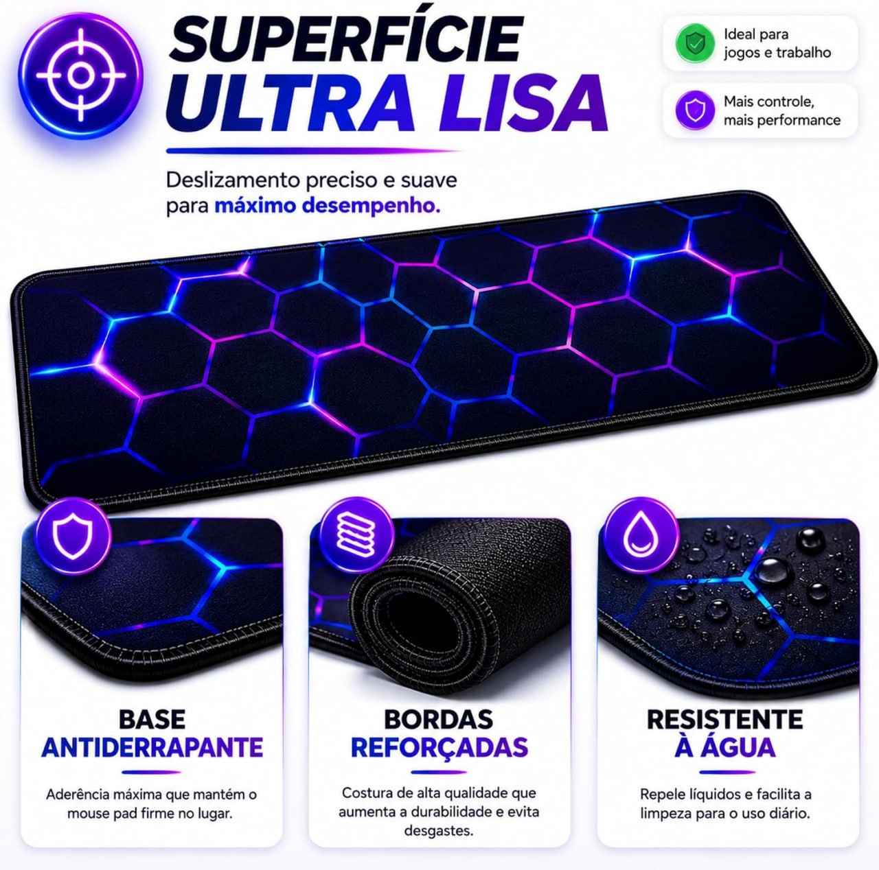 Mouse Pad Gamer Grande 80x30 cm com superfície ultra lisa, design Neon e bordas reforçadas, ideal para jogos e trabalho