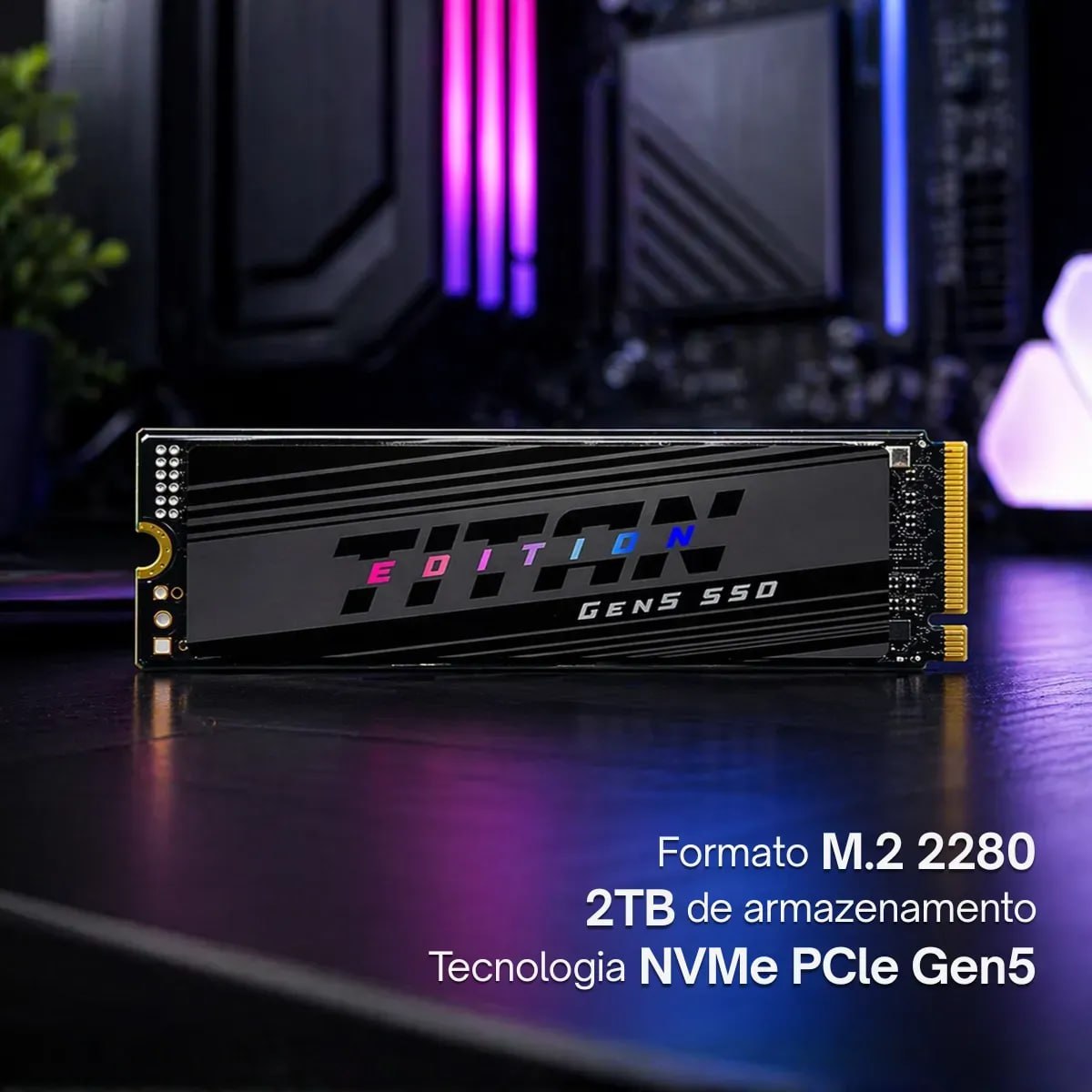SSD M.2 2TB UP Gamer Titan Edition PCIe Gen5 com destaque para o formato M.2 2280 e tecnologia NVMe PCIe Gen5