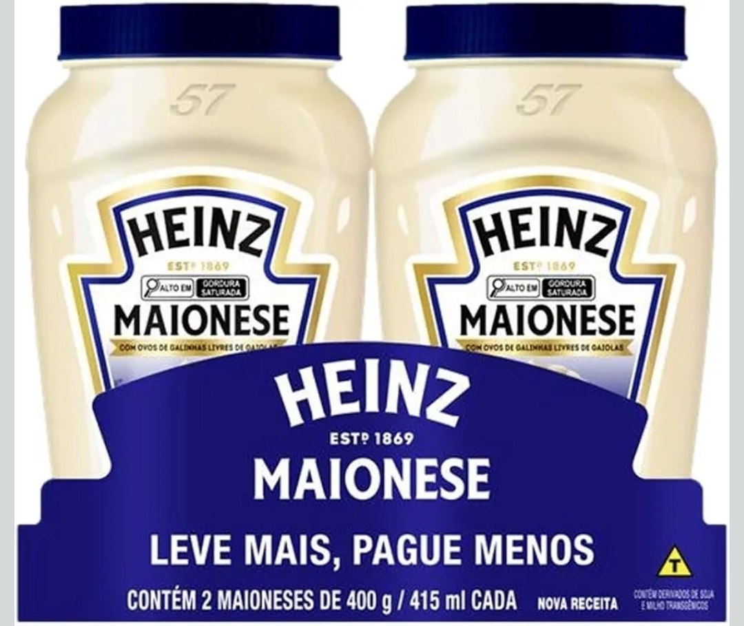 Pacote promocional com 2 potes de maionese Heinz de 400g cada, com destaque para a marca e informações nutricionais