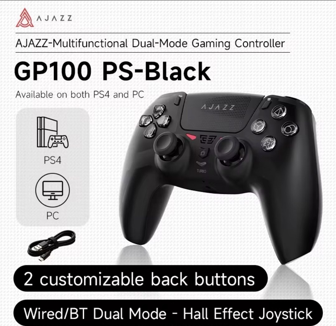 Controle GP100 PS-Black Dual Mode para PS4 e PC com 2 botões traseiros customizáveis e joystick Hall Effect