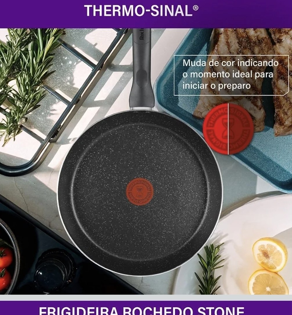 Frigideira Rochedo Stone Pro 24cm preta com efeito pedra antiaderente e indicador de cor para o momento ideal de preparo