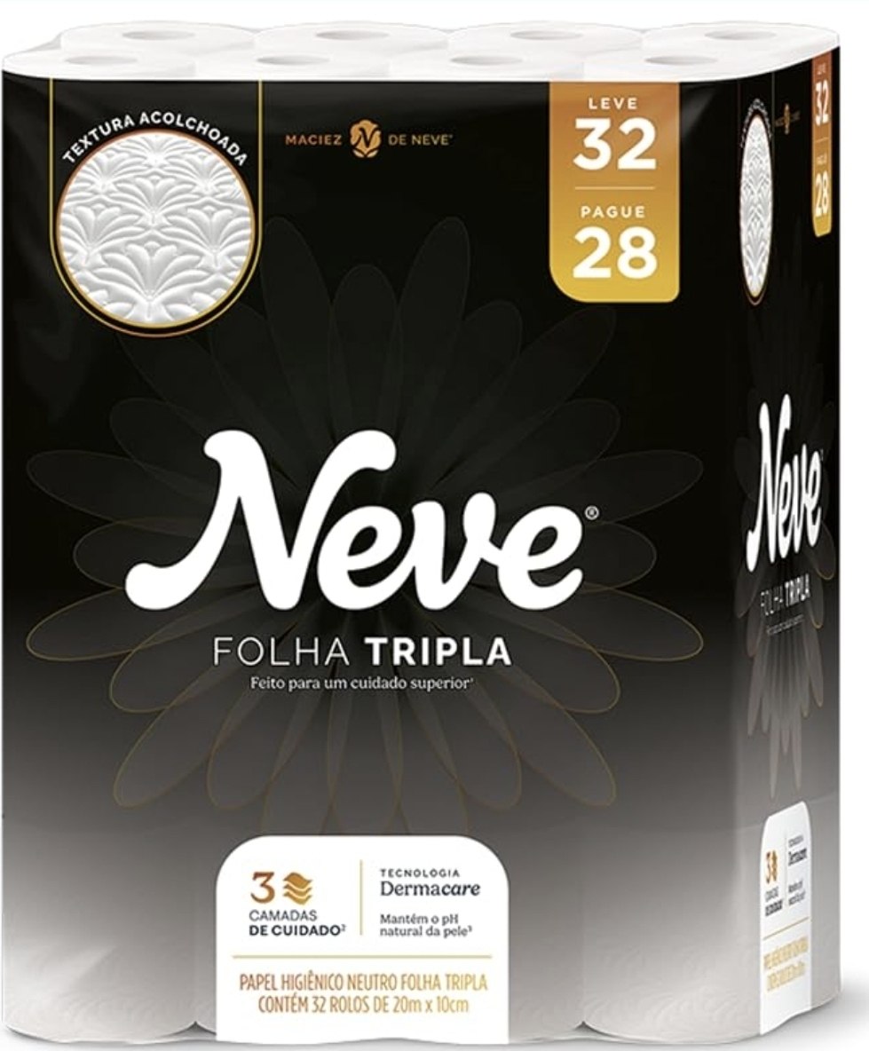 Pacote de papel higiênico Neve Supreme Folha Tripla com 32 rolos de 20 metros cada, destacando a promoção 'Leve 32, Pague 28' e a textura acolchoada do produto