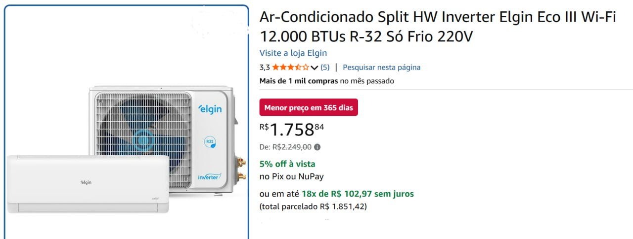 Ar-Condicionado Split Elgin Eco III Inverter 12.000 BTUs Wi-Fi R-32