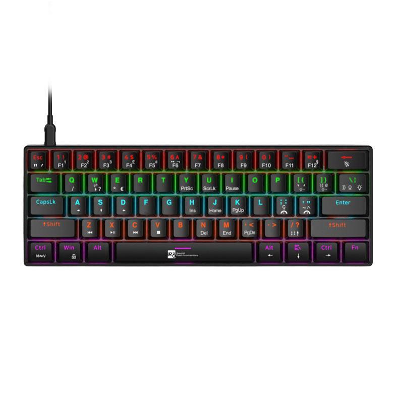 Teclado mecânico R8 1037 com switches azuis, layout ABNT2 e iluminação RGB