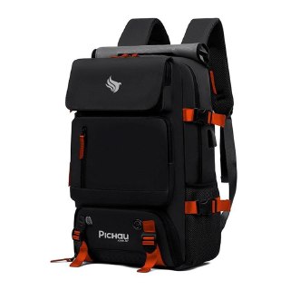Mochila Pichau Vulcan na cor preta com detalhes em vermelho, vista de frente mostrando os compartimentos e alças acolchoadas