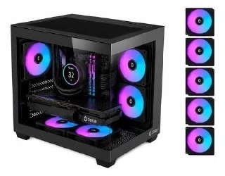 Gabinete gamer Obsid com 5 coolers LED RGB, estrutura em aço preto e painel temperado, iluminação vibrante em azul