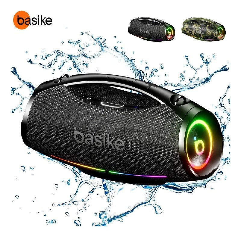 Caixa de som portátil Basike Boombox 200W com design robusto, resistência à água IPX6 e autonomia de 36 horas, conectando-se via Bluetooth.