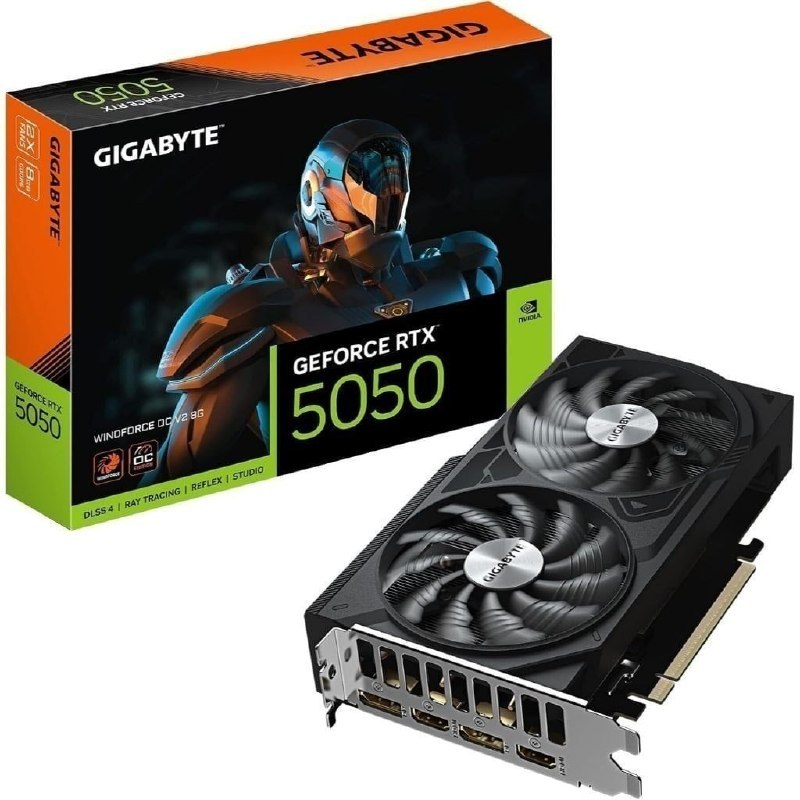 Placa de vídeo Gigabyte GeForce RTX 5050 WindForce OC V2 8G com design robusto e três ventiladores, exibida em caixa com destaque para a marca e modelo