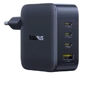 Carregador Baseus GaN 140W com 4 portas USB-C, cor preta, conectado a um cabo