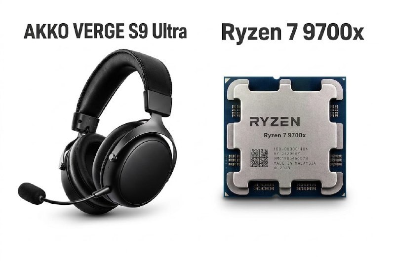 Processador AMD Ryzen 7 9700X com cooler AKKO VERGE S9 Ultra incluso, mostrando o chip e o sistema de resfriamento com dissipador e ventilador