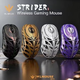Mouse gamer wireless WL Strider com design em magnésio e iluminação RGB em tons roxo, amarelo e preto