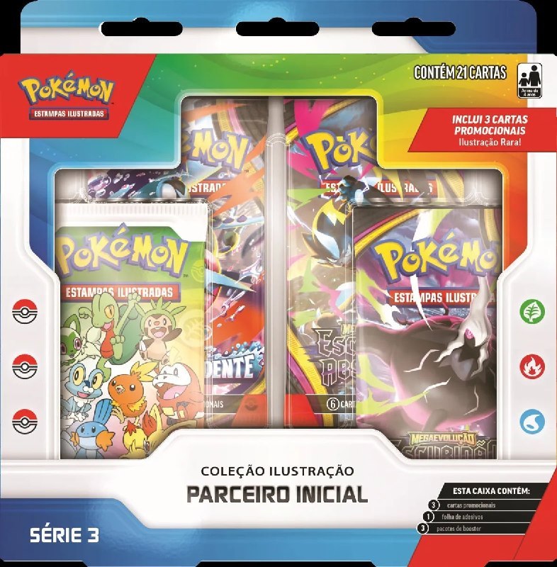 Caixa do Pokémon TCG Coleção Parceiro Inicial Série 3 com 21 cartas ilustradas e 3 cartas promocionais raras, incluindo folha de adesivos e peças de borracha