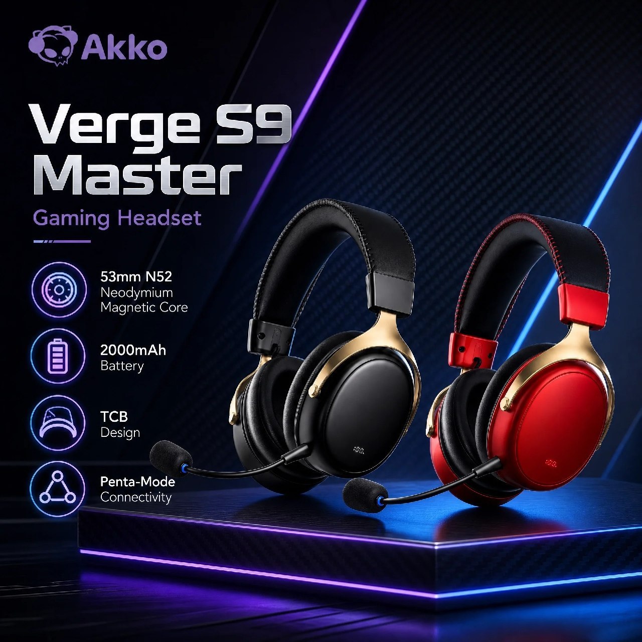 Headset gamer Akko Verge S9 Master com design preto e vermelho, conectividade Penta-Mode e drivers de 53mm com núcleo de neodímio