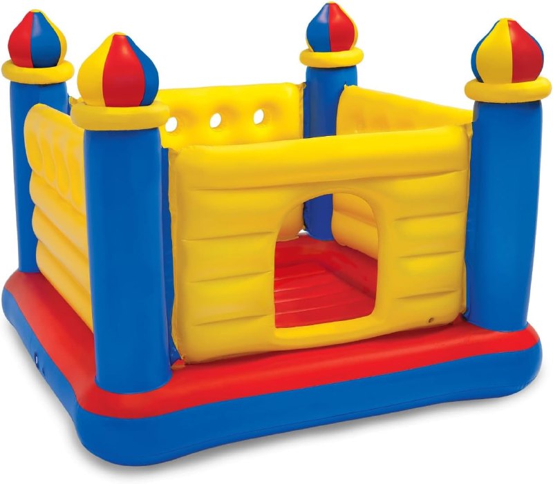 Pula-pula infantil em formato de castelo com estrutura inflável colorida em azul, amarelo e vermelho, medindo 175cm x 175cm x 135cm