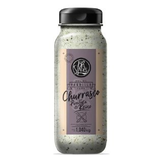 Frasco de vidro com tampa preta contendo Sal de Parrilla com Pimenta do Reino da marca Br Spices, com rótulo branco e detalhes em roxo