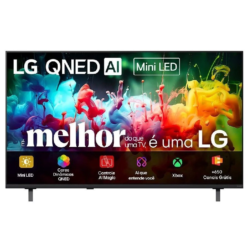 Smart TV LG QNED AI Mini LED 50 polegadas 4K com tela exibindo imagem de flores coloridas e detalhes de processador AI Gen9