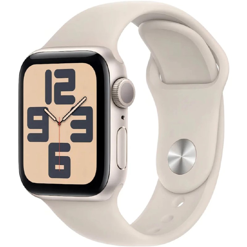 Relógio Apple Watch SE 2 GPS com tela retangular e pulseira branca, exibindo a hora 12:34