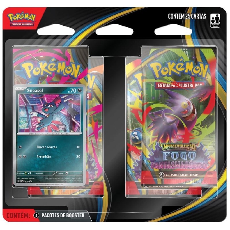 Pacote de cartas Pokémon ilustradas com 25 cartas e 4 pacotes booster, mostrando designs de Pokémon como Sneasel e Mega Evolução