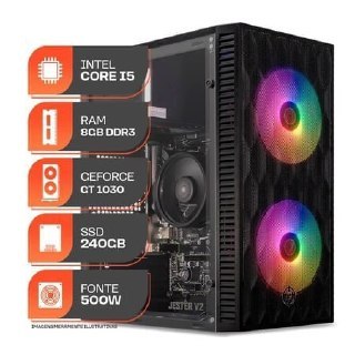 PC Gamer Forge com gabinete preto, processador Intel Core i5, placa de vídeo GT 1030 2GB, 8GB de RAM DDR3, SSD de 240GB e fonte de 500W