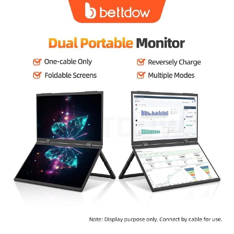 Monitor Bettdow com duas telas de 15.4 polegadas FHD dobráveis, design portátil e suporte ajustável