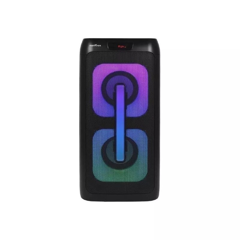 Caixa de som Britânia BCX4601 na cor preta com detalhes em azul e roxo, exibindo o logotipo da marca