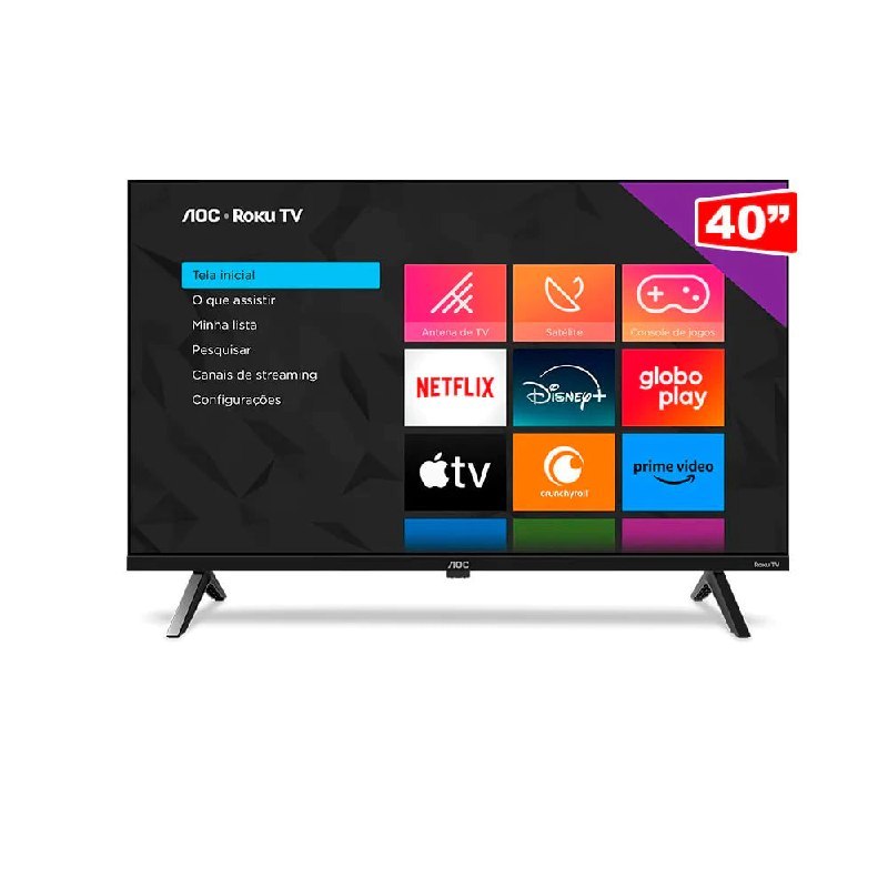 Smart TV AOC 40 polegadas Full HD com sistema Roku integrado, tela preta e design moderno