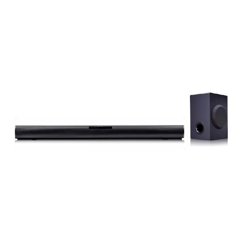 Caixa de Som Soundbar LG SQC1 com design retangular preto e botão de controle central