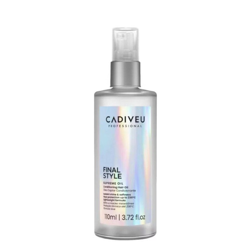 Frasco de condicionador Cadiveu Professional Supreme Oil Final Style na cor azul, com tampa branca, volume de 110ml