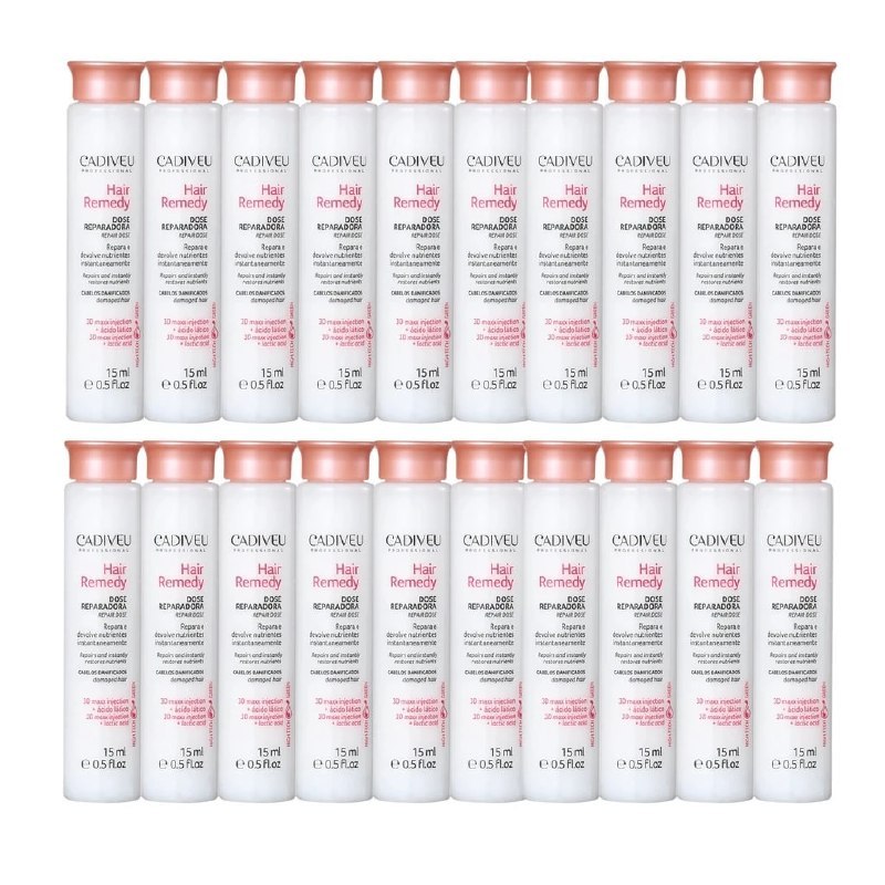 Frascos de Cadiveu Ampola Hair Remedy Dose Reparadora, 30 unidades de 15ml cada, alinhados em duas fileiras sobre fundo branco