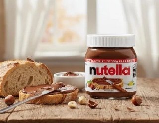 Pote de Nutella Creme de Avelã 375g sobre uma mesa de madeira com pão cortado ao lado