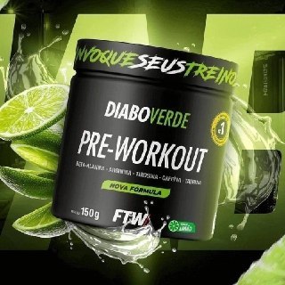 Embalagem do suplemento pré-treino Diabo Verde Pre-Workout 150g, com design preto e detalhes em verde, exibindo informações do produto e instruções de uso