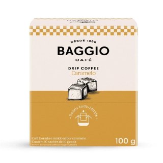 Embalagem frontal da caixa de Baggio Drip Coffee sabor Caramelo com 10 sachês de 10g cada