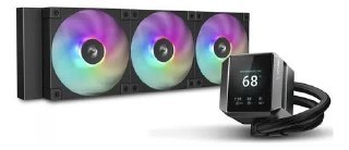 Water Cooler Deepcool Mystique 360mm com radiador de três ventoinhas ARGB e bloco de bomba com tela LCD exibindo temperatura